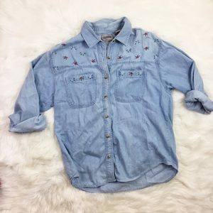 Vintage Denim Rose Embroidered Button Down